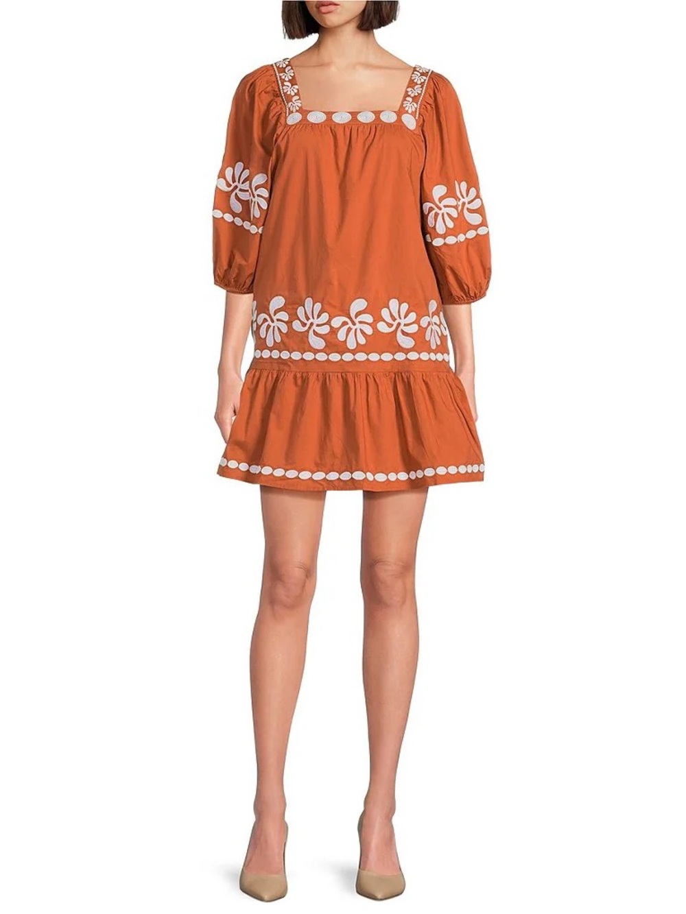 NWT J.Marie Amalia Embroidered 3/4 Sleeve Square Neck Dress Sz S